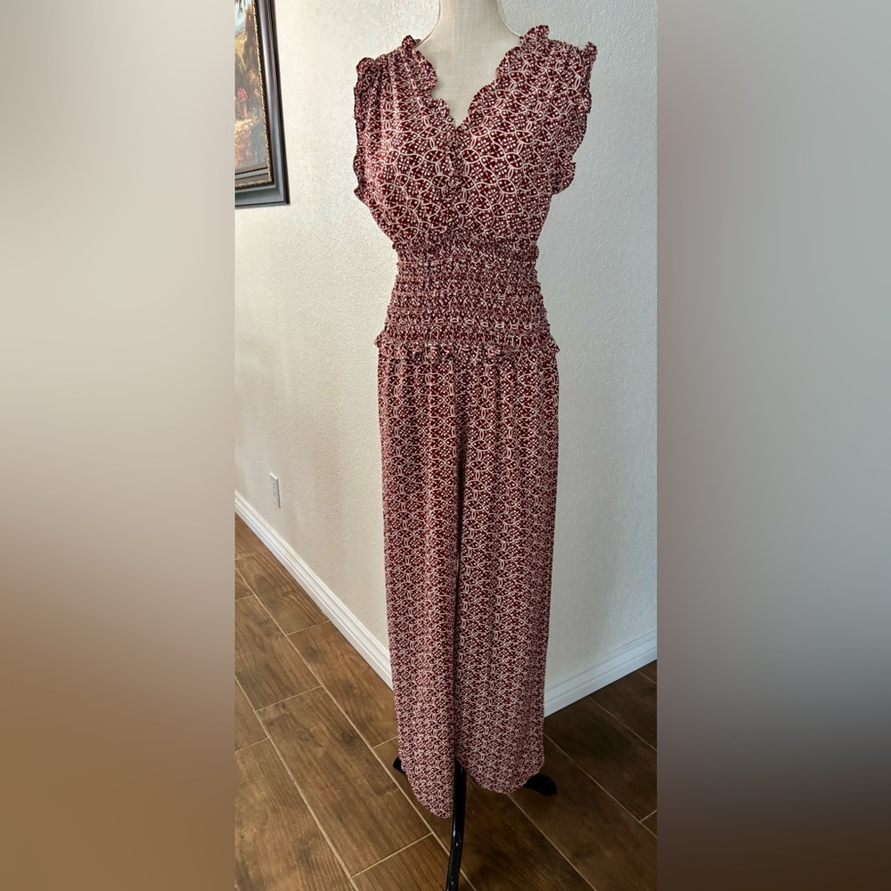 Max Studio London Jumpsuit Large Rust White Geometric Smocked Wide Leg 8901C46